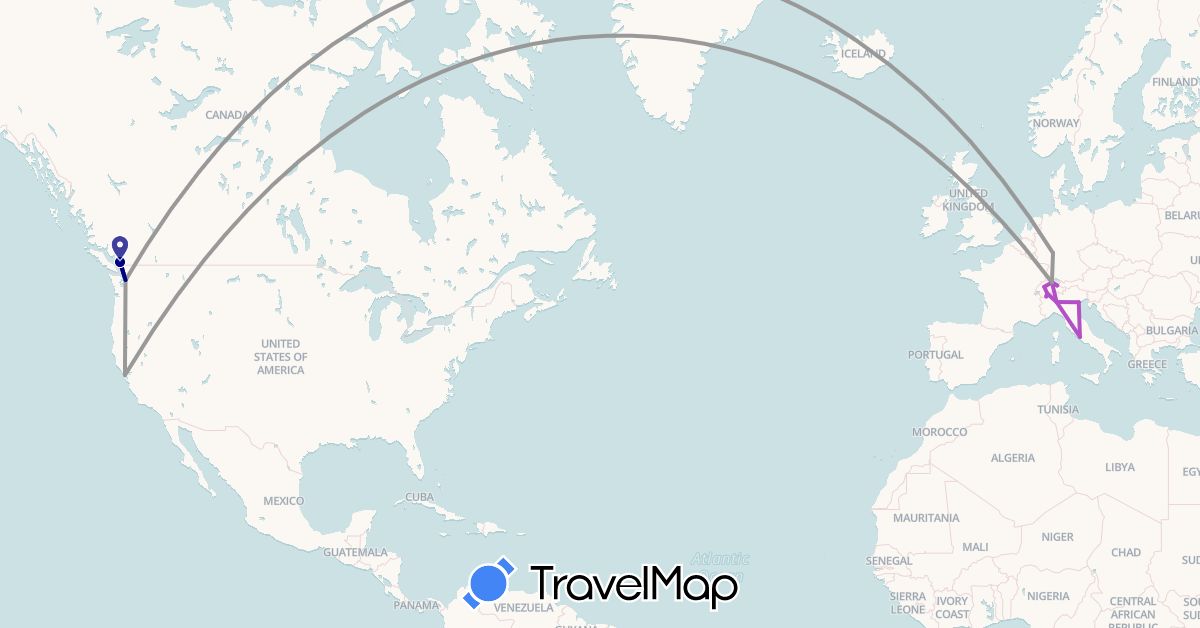TravelMap itinerary: driving, plane, train in Canada, Switzerland, Germany, Italy, United States (Europe, North America)
